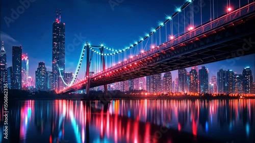 A glowing city bridge lit up with neon lights at night