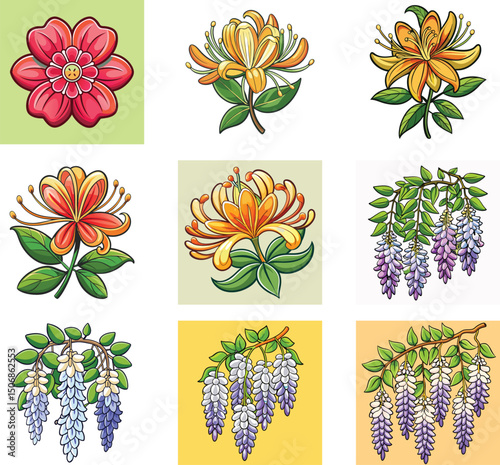 Spring flowers. Cartoon wildflowers chamomile, tulip and forget-me-not, cornflower and sage with leaves, floral botanical elements