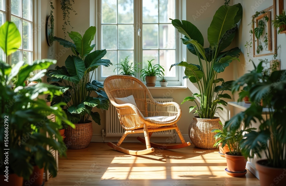Cozy home interior garden with fresh green monstera houseplants. Wicker rocking chair on wooden floor, sunlight, shadows. Home decor, apartment design, urban jungle, plant, eco friendly living. Cozy home interior garden with fresh green monstera houseplants. Wicker rocking chair on wooden floor, sunlight, shadows. Home decor, apartment design, urban jungle, plant, eco friendly living.