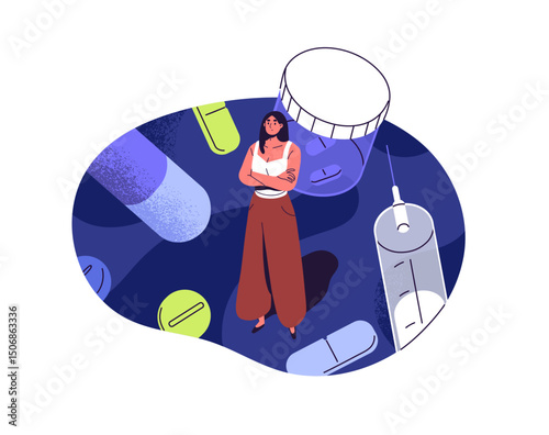 Concept of drug addiction and narcotic dependence. Sad woman is among jars of pills, syringes of heroin. Unhappy person with influence of pharmacy abuse. Flat isolated vector illustration on white