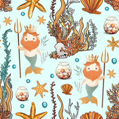 Cute Merman King and Underwater Friends Seamless Pattern. Children’s Ocean Fantasy Pattern with Sea King and Coral

