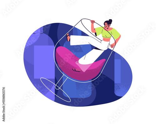 Alcohol addiction concept. Sad woman in wine glass suffers from booze abuse. Drinker with spirits dependence. Drunk girl with problem of excessive drinking. Flat isolated vector illustration on white