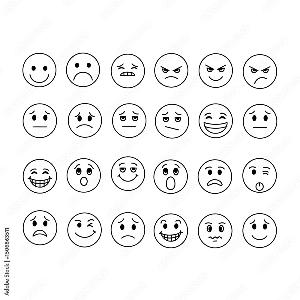Collection of various emoticons expressing different emotions isolated on white background, including happy, sad, angry, and surprised faces Collection of various emoticons expressing different emotions isolated on white background, including happy, sad, angry, and surprised faces
