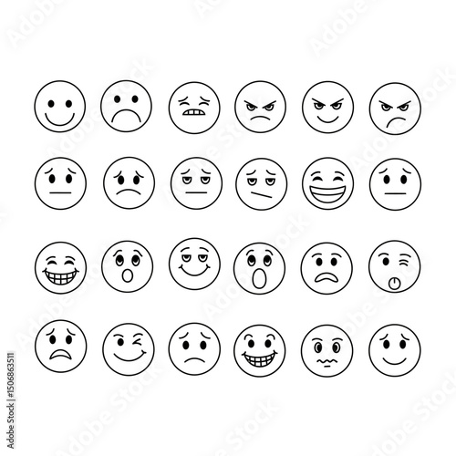 Collection of various emoticons expressing different emotions isolated on white background, including happy, sad, angry, and surprised faces