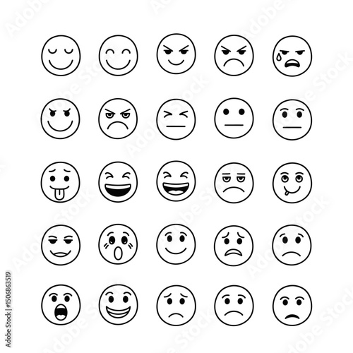 Collection of diverse emoji expressions isolated on white background, showcasing a range of emotions from happiness and sadness to anger and surprise in simple line art