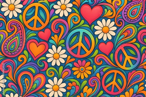 Colorful 1960s-inspired hippie pattern with peace symbols, hearts, and floral motifs.