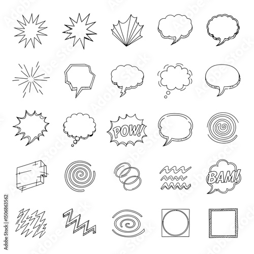 Comic speech bubbles and graphic elements isolated on white background, a collection of cartoon dialog shapes, burst stars, spirals, waves, and frames