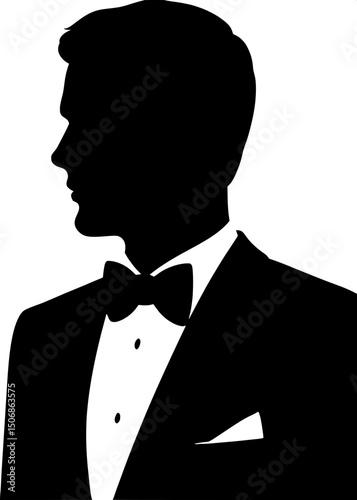 A minimalist black silhouette of a man in a tuxedo, including bow tie and lapel details. Centered, mid-chest up, head in profile, with only white for the shirt and bow tie.

