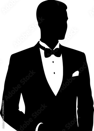 A minimalist black silhouette of a man in a tuxedo, including bow tie and lapel details. Centered, mid-chest up, head in profile, with only white for the shirt and bow tie.


