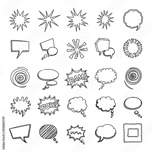 Collection of hand drawn speech bubbles and comic elements isolated on white background for graphic design, vector illustration, and communication