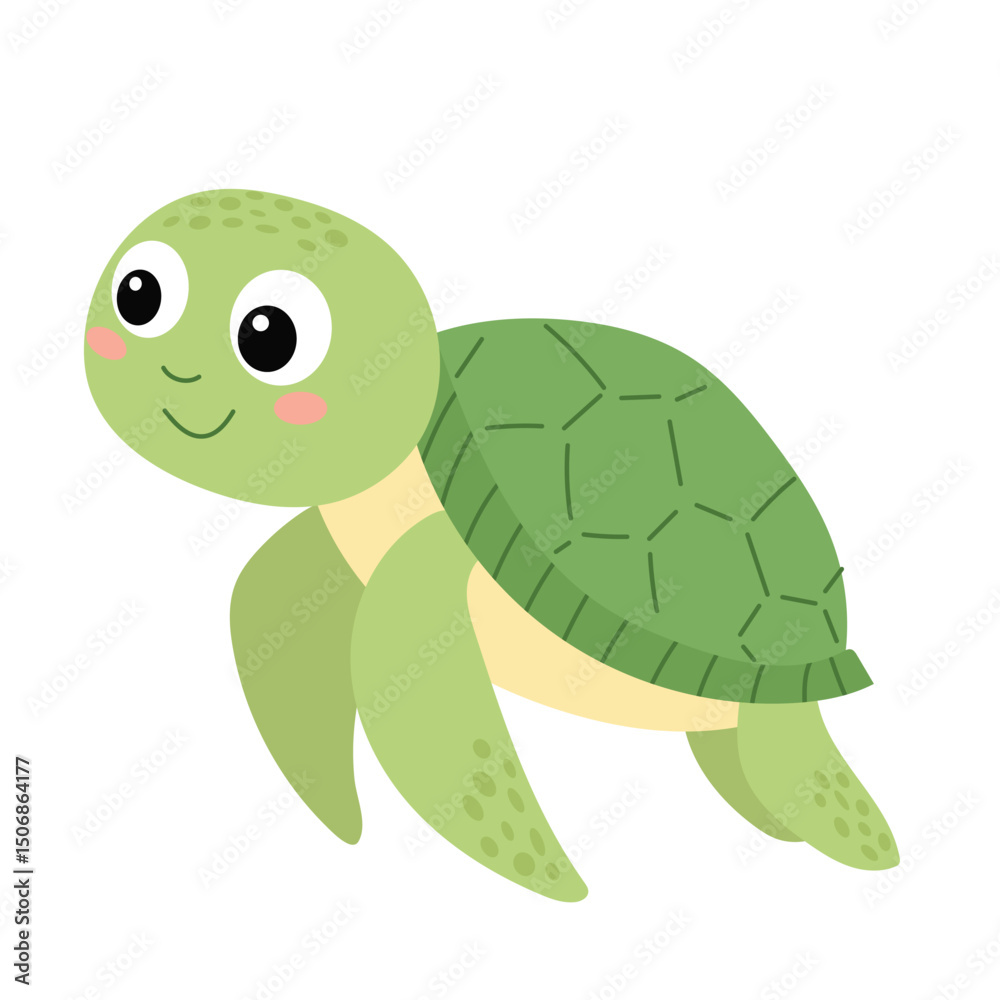 Fototapeta premium Cute Little Sea Turtle Isolated on White Background in Flat Style. Hand Drawn Vector Art.