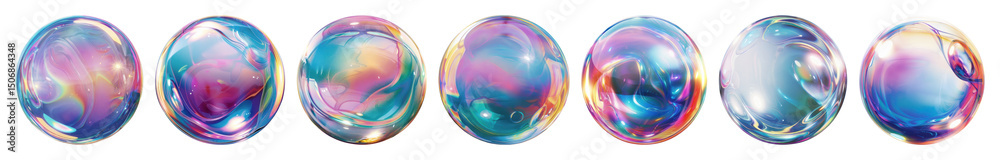 Obraz premium PNG Colorful iridescent soap bubbles floating, element set on transparent background