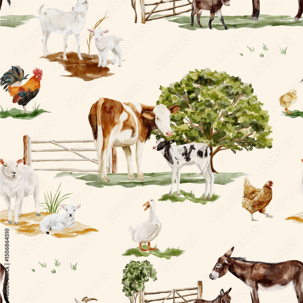 Naklejka premium adorable seamless pattern with farm animal and nature element series vector format