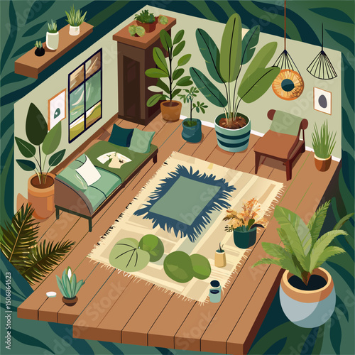 A room arrangement with a wood floors plants and furious 