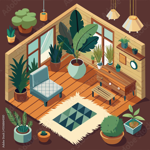 A room arrangement with a wood floors plants and furious 