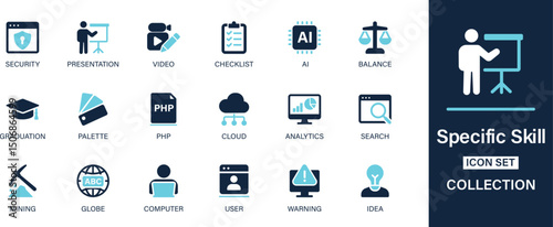 Specific skill icon set collection. Security, presentation, video, checklist, ai, balance, graduation, cloud, analytics, search, mining. And solid icon set.