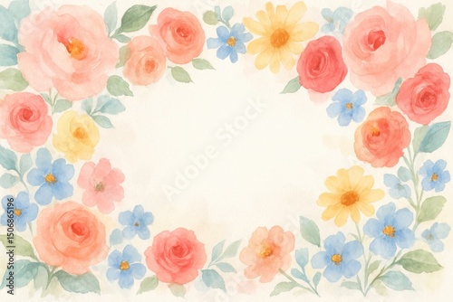 Vibrant Watercolor Floral Border Hand Painted Illustration Featuring a Variety of Colorful Flowers Arranged in a Wide Frame Design Element