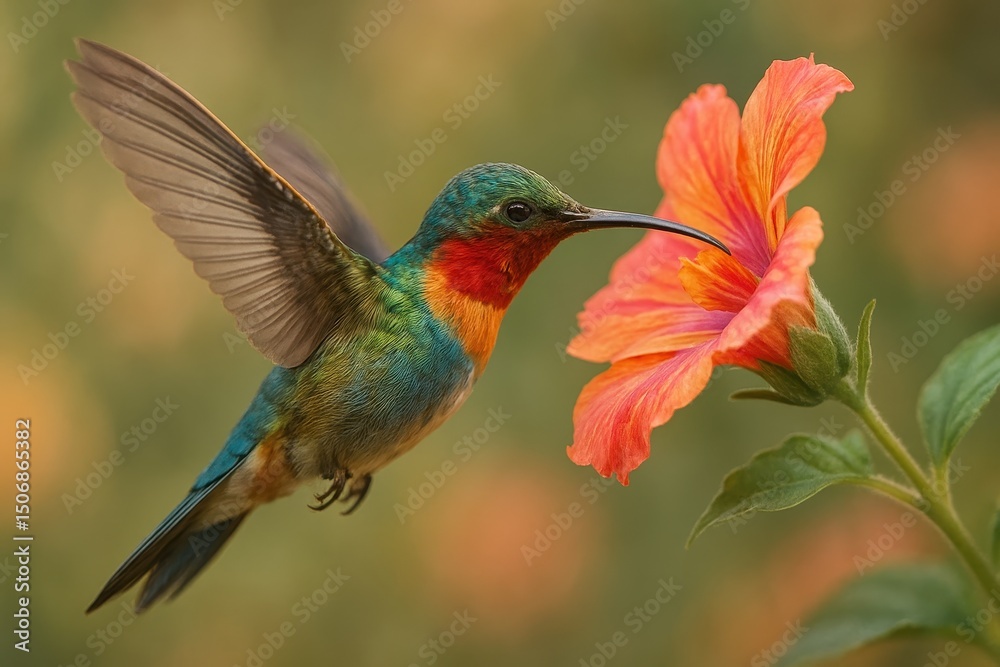 Fototapeta premium Hummingbird Mid Flight Sipping Nectar from a Vibrant Flower Delicate Digital Artwork Capturing Nature's Graceful Moment Wildlife Illustration
