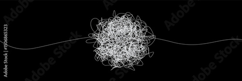 Chaotic tangle of thin white threads or web on black background with loop texture. White ball scribble on black background. Chaos in vector illustration