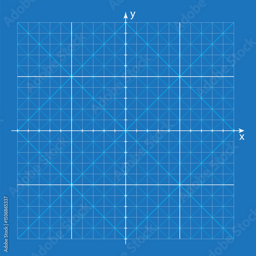 White Cartesian x y coordinate system in two dimensions on blue paper with oblique lines. Orthogonal coordinate plane with two axes on square grid. Math template. Vector illustration