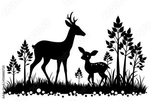 Deer and Fawn Silhouette in Woodland Landscape Black Silhouette Style Nature Scene