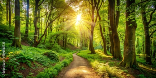 Sunlit Forest Path Lush Gre...