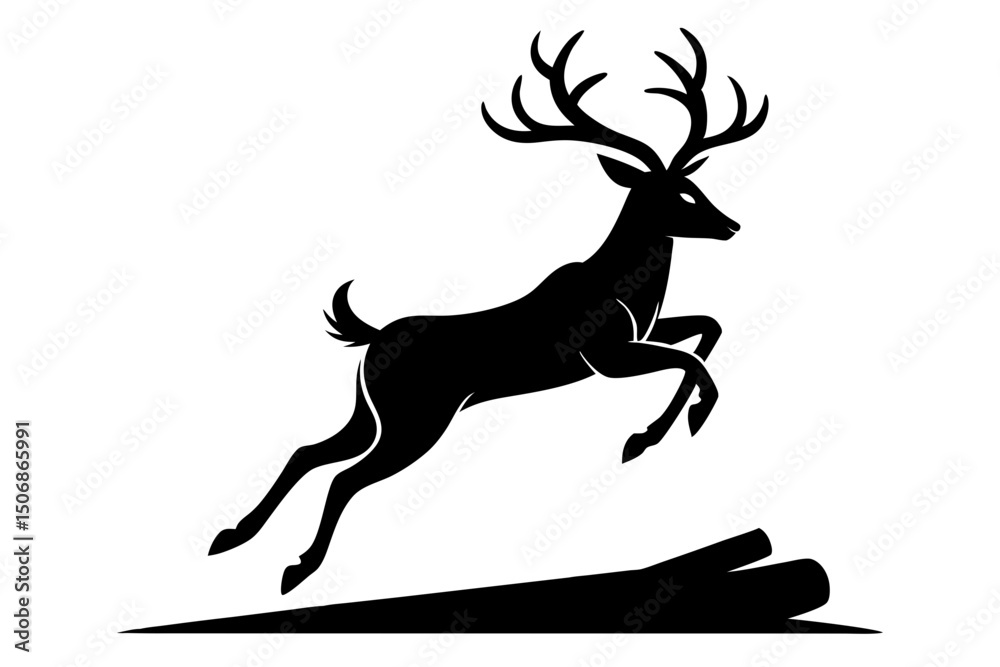 Fototapeta premium Deer Silhouette Leaping Over Log Wildlife Scene Antlered Buck Jumping Clean Design Black Silhouette On White