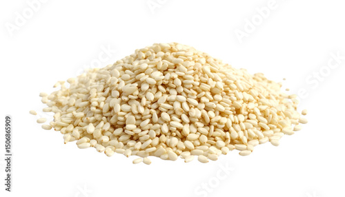 Pile of hulled sesame seeds macro photography food ingredient cooking baking seed sesame isolated on solid white background Png form