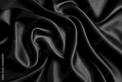 Luxurious black silk fabric elegantly draped with soft shadows and deep folds creating a rich dramatic texture