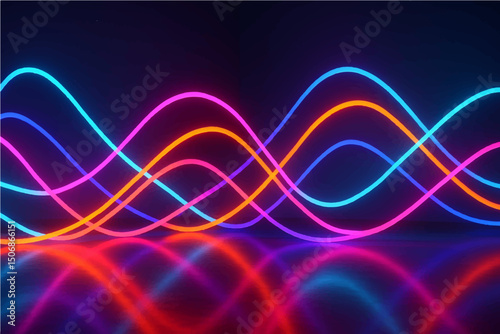 3d render. Abstract background of neon ribbon. Fluorescent lines glowing in the dark room with floor reflection. Fantastic panoramic wallpaper. Digital data transfer. Energy concept.