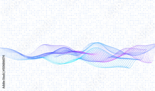 AI technology abstract white background with vector waves of flowing blue and purple particles, curvy lines of dots in motion, technology and science theme