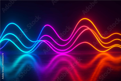 3d render. Abstract background of neon ribbon. Fluorescent lines glowing in the dark room with floor reflection. Fantastic panoramic wallpaper. Digital data transfer. Energy concept.
