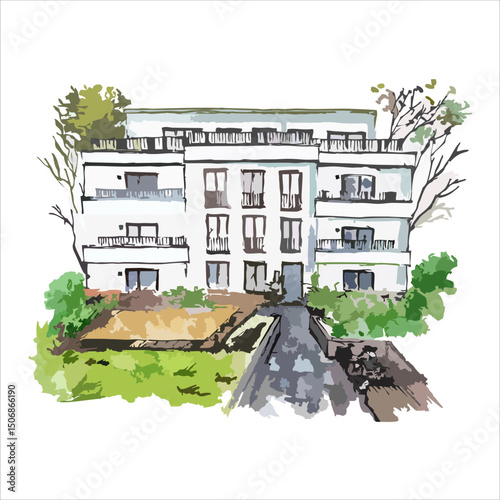 Urban Calm – Modern Residence in Watercolor. Good for book illustration, poster, greeting card, or postcard
