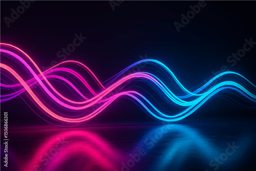 3d render. Abstract background of neon ribbon. Fluorescent lines glowing in the dark room with floor reflection. Fantastic panoramic wallpaper. Digital data transfer. Energy concept.