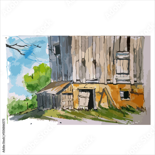 Rustic barn watercolor, old farm building sketch. Good for cover book, poster, or postcard