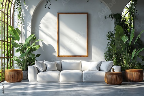 Mockup of bright living space with white sofa wooden tables and plants

