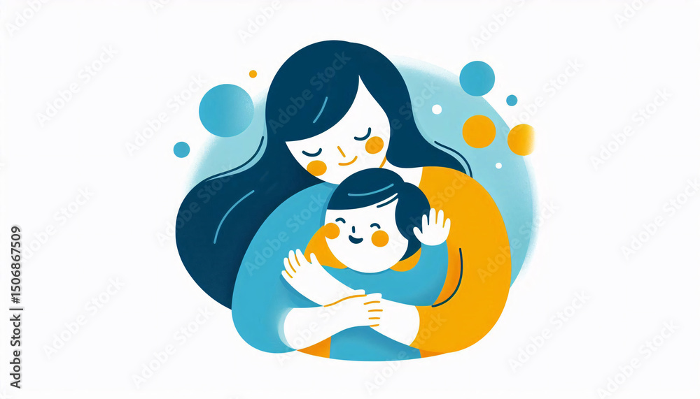 Vector drawing of diverse characters hugging a child with Down syndrome in blue and yellow clothes, awareness concept Vector drawing of diverse characters hugging a child with Down syndrome in blue and yellow clothes, awareness concept