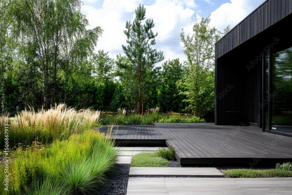 Fototapeta premium This modern landscape design showcases an inviting wooden deck surrounded by lush, natural plants and tranquil greenery, all basking in the warm glow of a sunny day