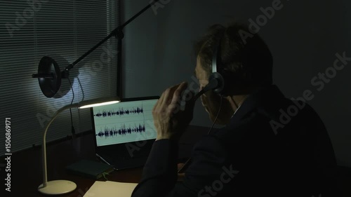 A dark office, surveillance equipment, a desk lamp and documents create an atmosphere of mystery and investigation