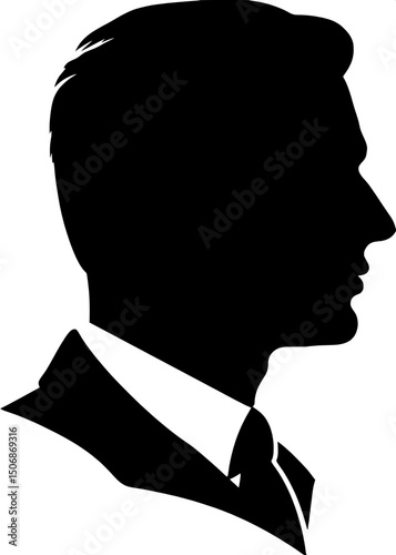 A close-up black silhouette of a man’s head and shoulders in profile, wearing a collared shirt and tie. The style is clean, minimal, and modern, using only black and white shapes.
