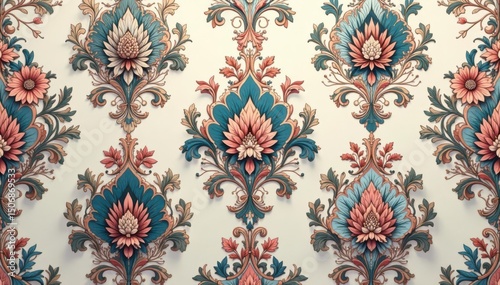 Intricate floral damask wallpaper pattern in muted tones , seamless, textile, wallpaper texture