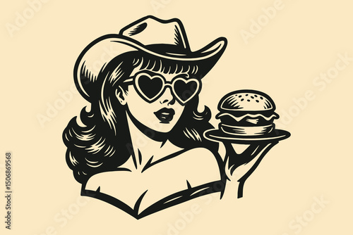 Cowgirl with burger engraving style vector illustration

