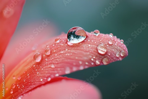 Dewdrops glistening on a delicate pink petal a serene nature close up with soft light and blurred background