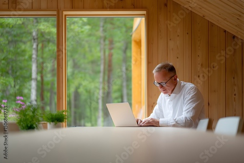 Focused professional working on laptop in modern cabin forest view lifestyle natural setting