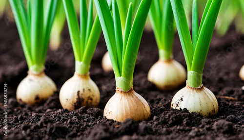 A young onion sprouting bright green shoots from rich dark soil in a garden