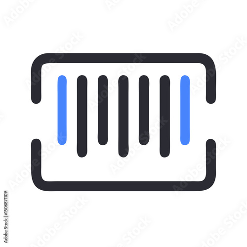 Dark gray barcode graphic on a White Background, blue accents