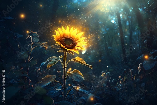 Magical glowing sunflower in enchanted forest at night dark blue tones firefly lights fantasy art