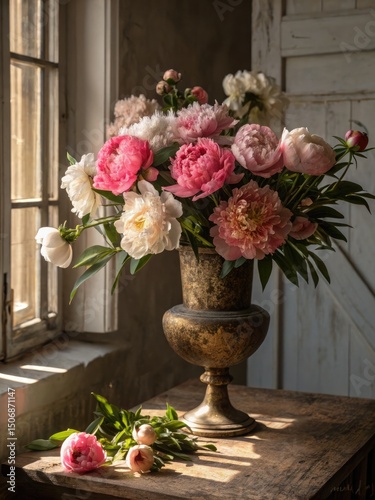Mixed peony bouquet in vase featuring bowl of beauty and duchesse de nemours