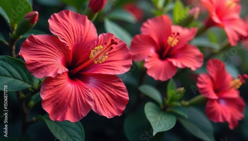 Intricate hibiscus blossoms, vibrant red and pink hues, blossom, pattern, floral
