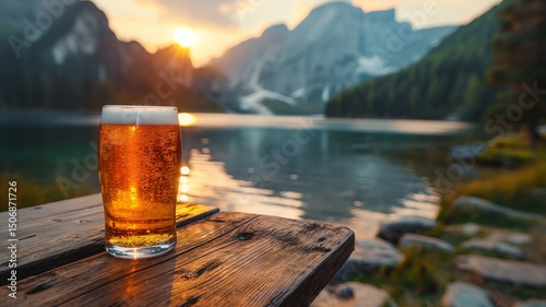 Enjoying a refreshing beer at a serene lake during sunset in a mountainous landscape